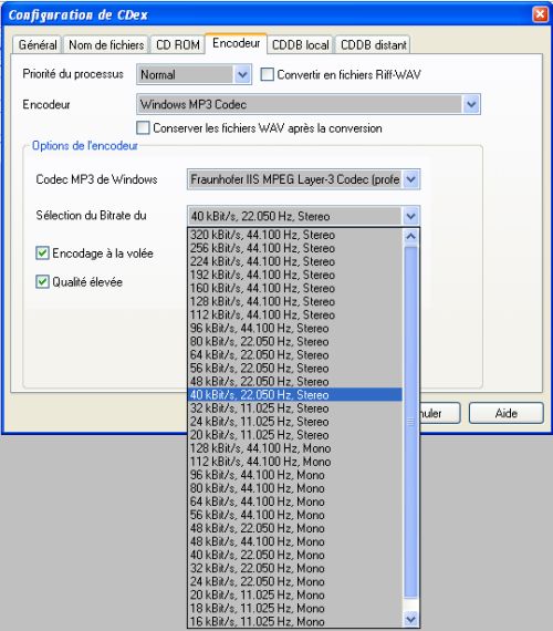 La liste des bitrates mp3 proposs par le codec Fraunhofer mp3 Pro